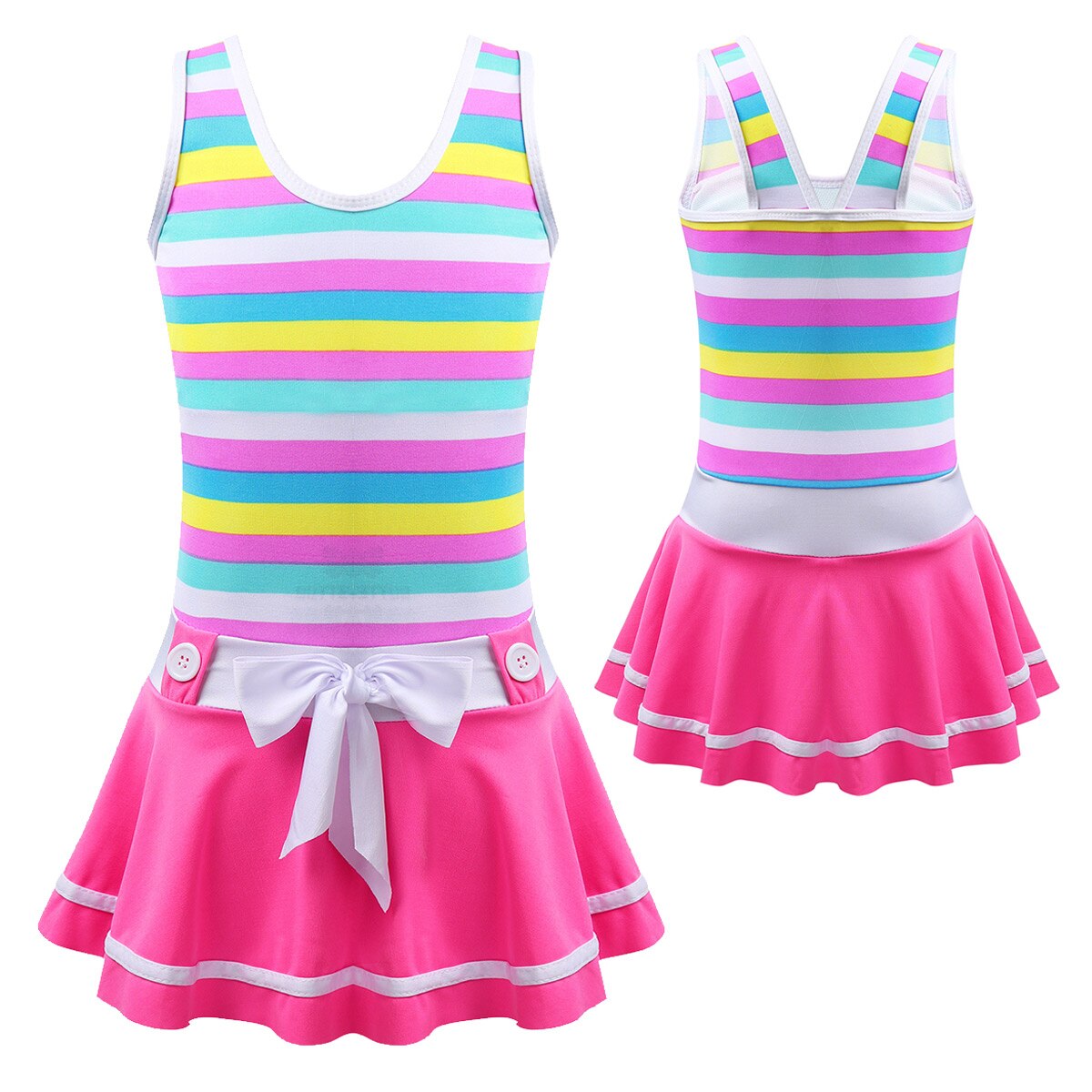 Summer Kids Girls One-piece Wide Shoulder Strap Striped Bowknot Swimsuit Swimwear Bathing Suit Children Quick Dry Swim Beachwear: Pink / S