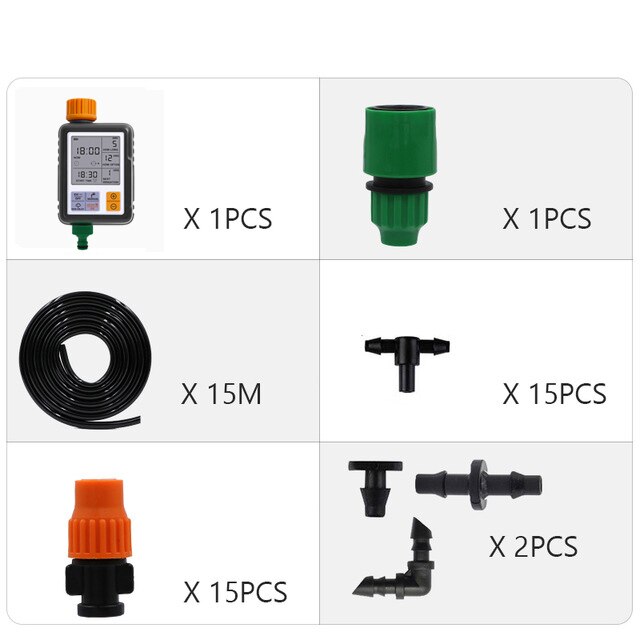 Micro Drip Irrigation System Garden Watering System Adjustable Drippers DIY Kit Irrigation System: 15M and Timer