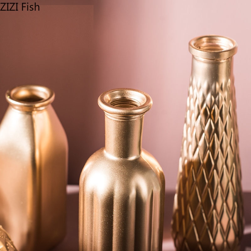 Nordisk enkel vas i gyllene glas torkade blommor blommor införda prydnadsföremål sovrum vardagsrum butik dekoration ornament