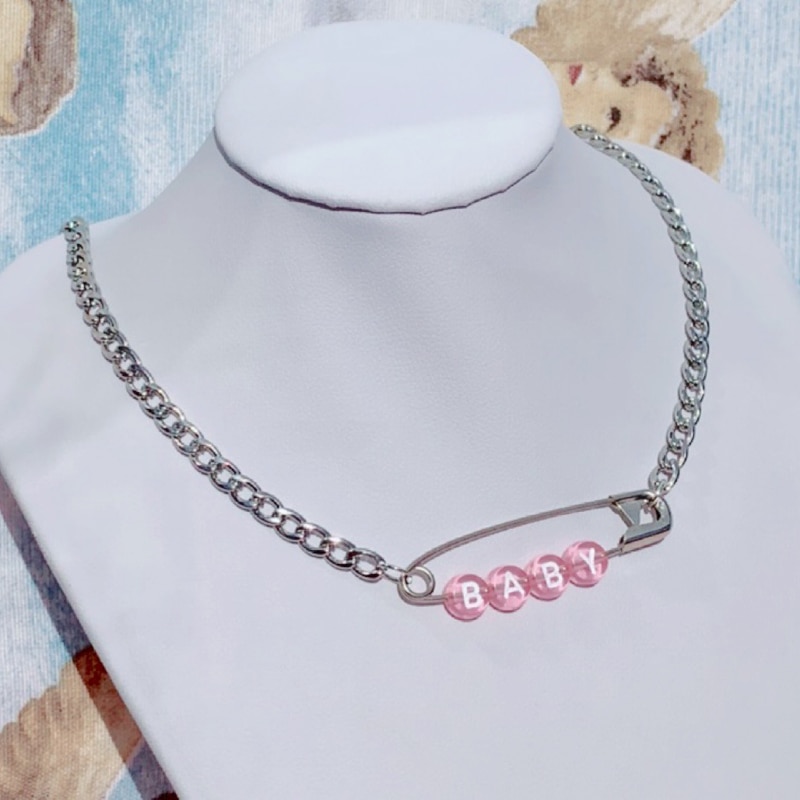 Punk Baby Letter Cube Pink Pins Metal Pendant Necklace For Women Girl Hip Hop Harajuku Geometric Choker Necklace Trendy Jewelry