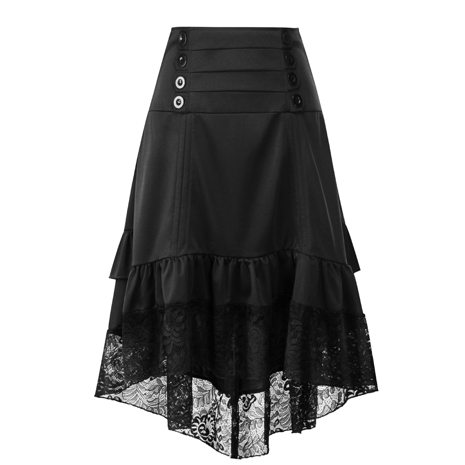 Halloween Half Skirts Gothic Solid Color High Waist Button Lace Stitching Ruched Drawstring Irregular Skirt Medieval Faldas