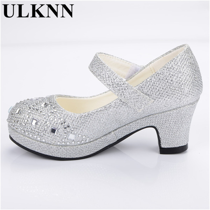 Zapatos con purpurina ULKNN para niñas, niños, Lazo de cristal, tacones altos brillantes, zapatos de princesa, zapatos nuevos de Boca de pescado para niñas, tacón alto, oro plateado