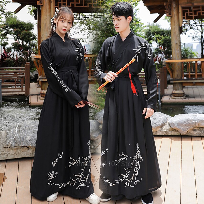 Hanfu-ropa tradicional china antigua para hombres y mujeres, traje bordado de bambú negro, conjunto de ropa de calle para parejas, trajes para adultos