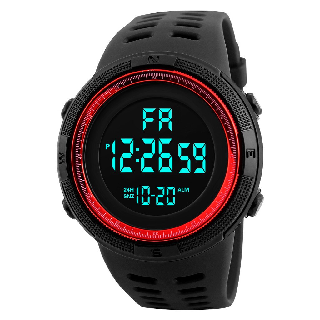Mannen Elektronische Horloge Display Datum Kalender Week Alarm Led Digitale Sport Horloge 30M Waterdicht Horloge Plastic Band Relogio: Red