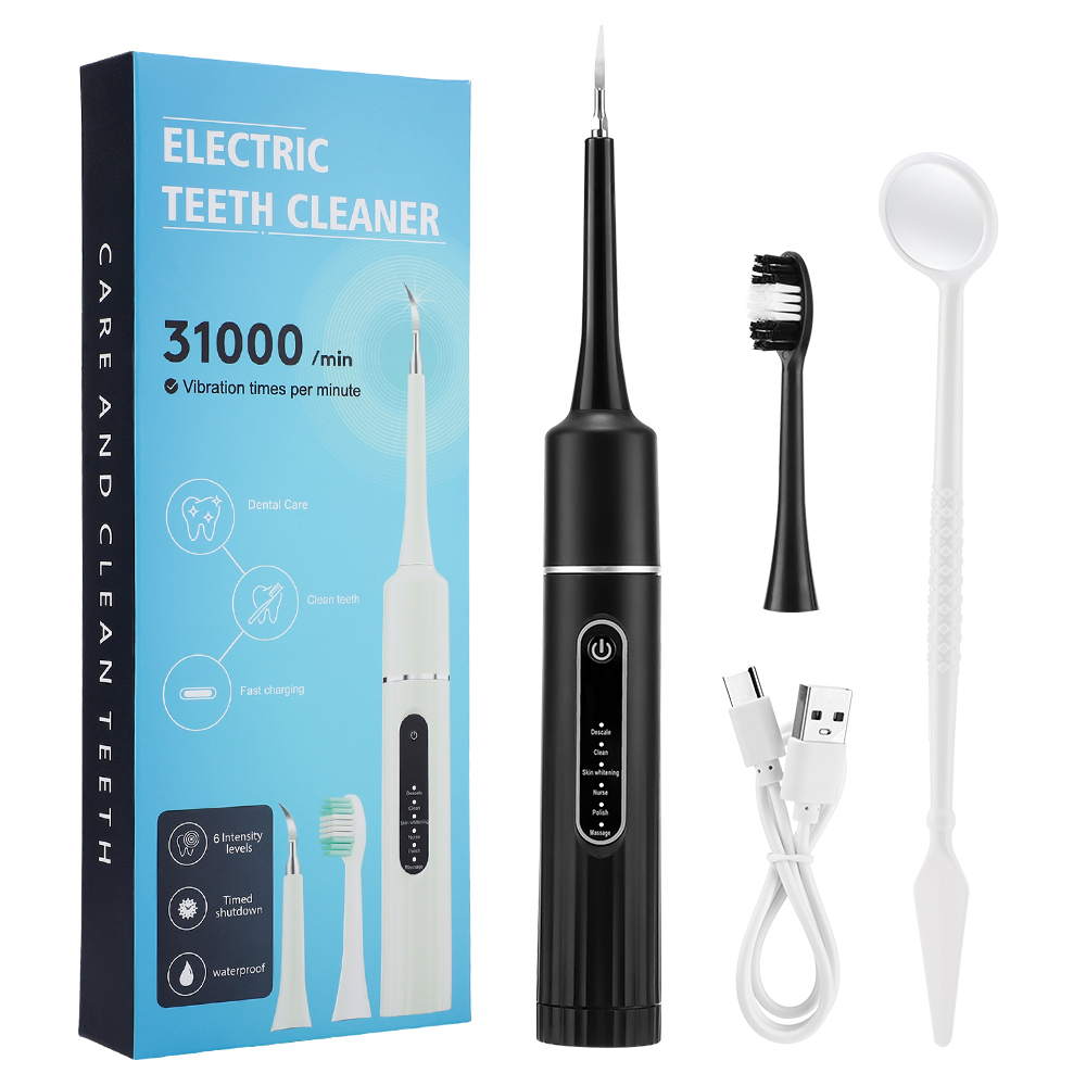 Electric Teeth Cleaner Remove Tartar Plaque Calculus and Tooth Stains Dental Teeth Whitening Kits With 6 Toothbrush Heads Home: grey