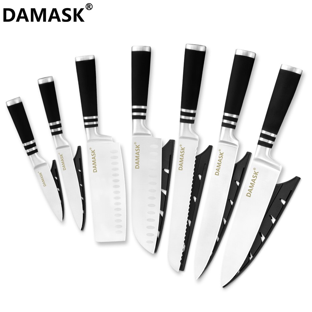 Damask mærke 3 cr 14 rustfrit stål køkkenknive sæt 430 greb knive med gratis knive dæksler: 7 stk sæt