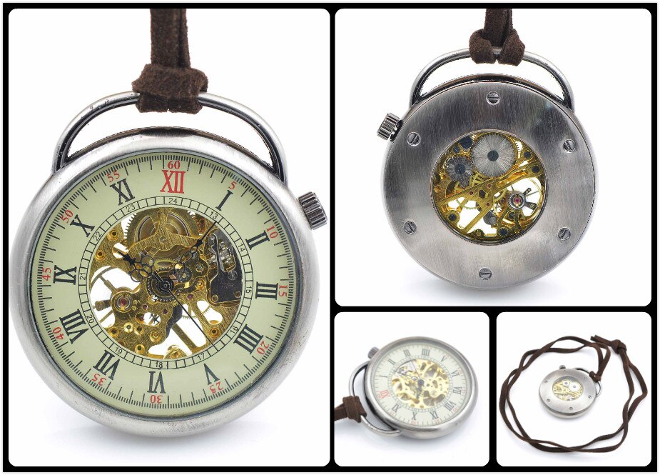 SHUHANG Mens Skeleton Zakhorloge Mechanische Beweging Hand Wind Romeinse Cijfers Vintage Stijl Reloj De Bolsillo: H137