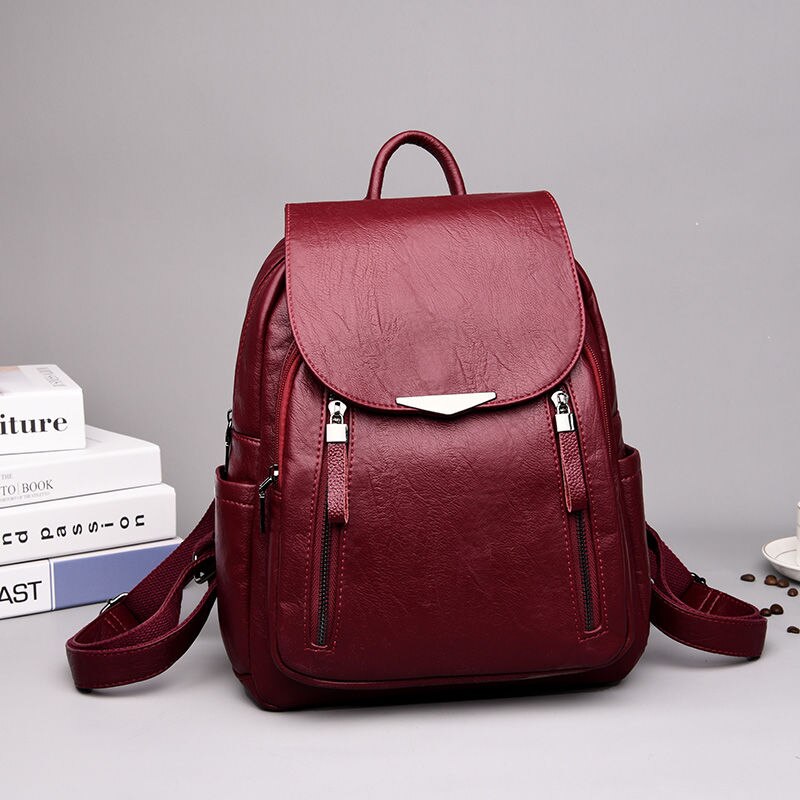 Classic Clamshell Double Zipper Women Backpacks Soft Pu Leather Bags for Women Shoulder Bags: Red wine