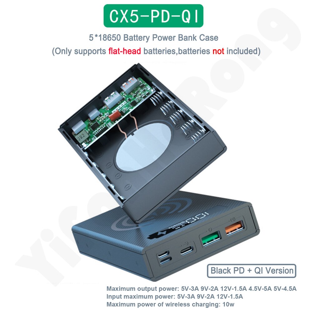 Quick Charge 5*18650 Power Bank Case 10W Wireless Charging USB Charger QC 3.0 PD DIY Shell 18650 battery Holder Charging Box: Quick Wireless Black