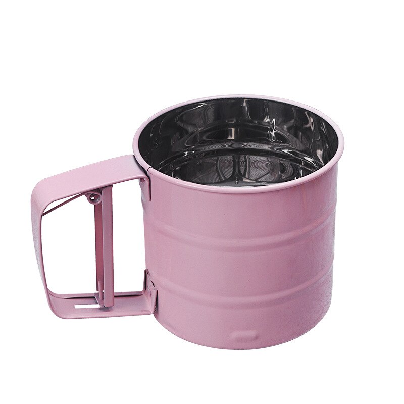 Colador de harina de mano de acero inoxidable, herramienta semiautomática para hornear, colador de harina prensado a mano, color rosa