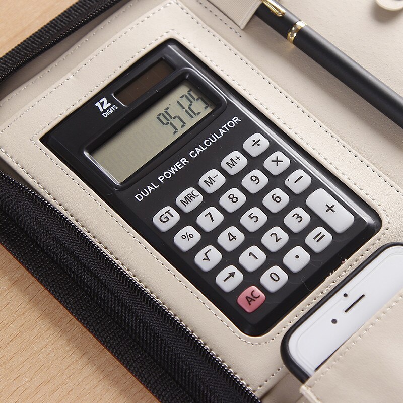 A4 Portable File Folder with Calculator Binder Organizer Manager Office Document Pad Briefcase PU Leather Padfolio Bag