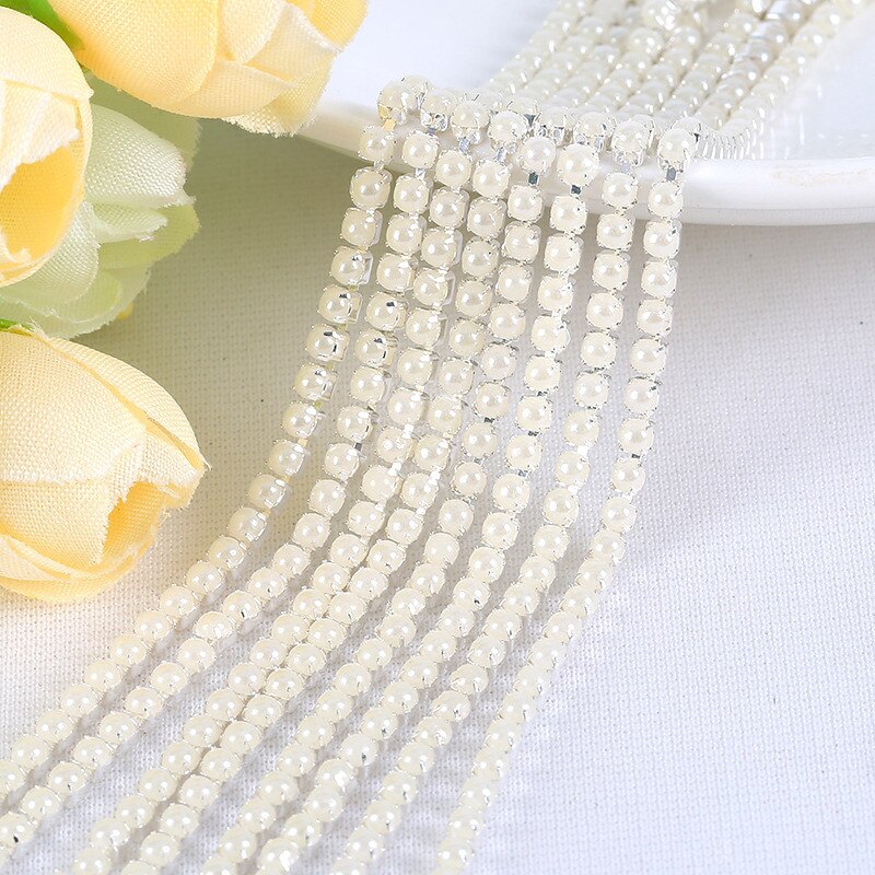 2Mm Crystal Pearl Rhinestone Chain Silver Base Cup Parel Ketting Voor Naaien Diy Kledingstuk Accessoires Trim