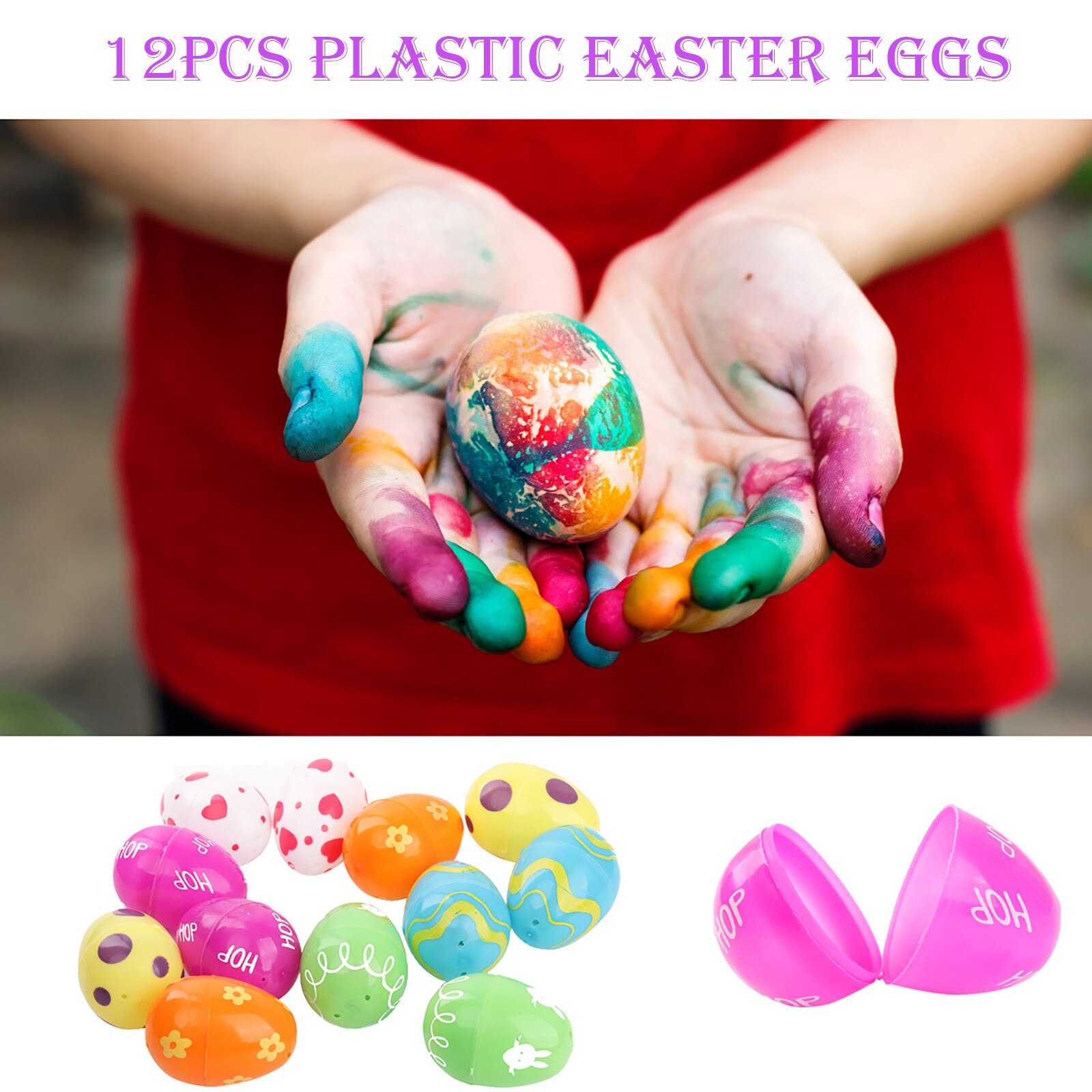 12pcs Fillable Plastic Easter Eggs Hunt Party Supply Pack Assorted Pattern Prints Easter Egg Party Kid DIY Non-toxicl Funny Toys