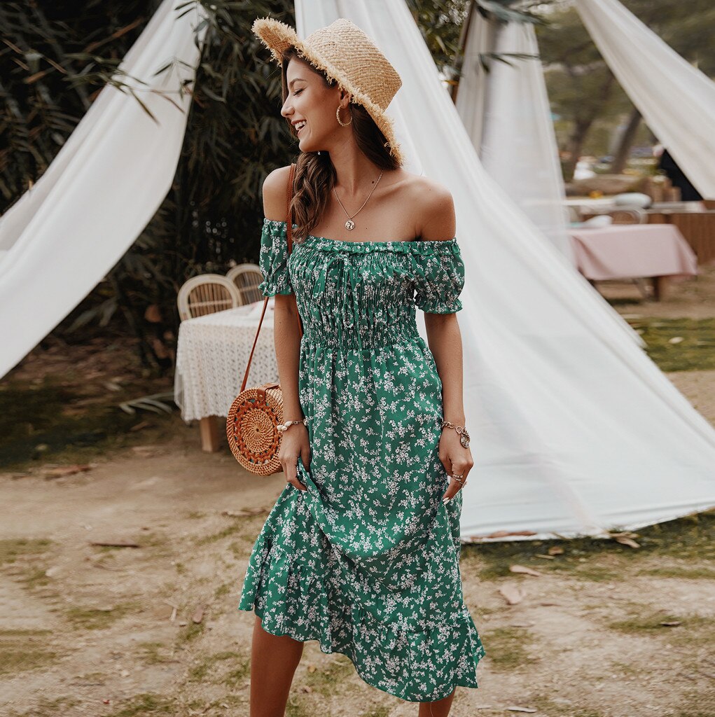 Women Dress Boho Floral Print Off Shoulder Ruffled Short Sleeve Sundress Summer Female Beach Dress Party Vestidos M140#: GN / L