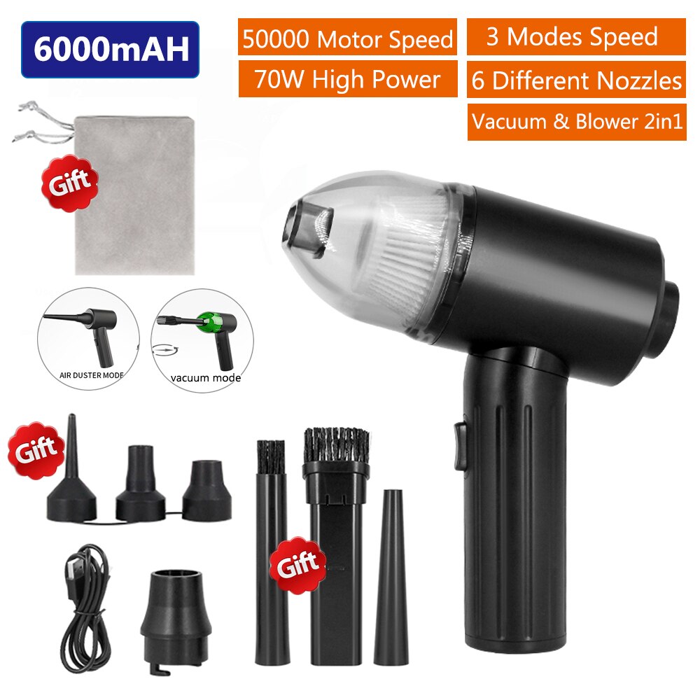 6000mAh Electric Air Duster Blower Rechargeable Handheld Cordless Vacuum Cleaner 5000pa Car Vacuum Cleaners: 70W 2 IN 1