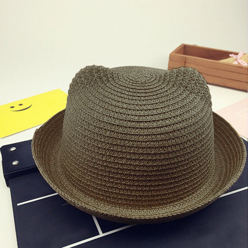 Sombreros de paja a la para chicas y niños, gorros de paja para el sol de bebé, gorro de decoración con orejas de gato flexible y sólido, dg88: Light Coffee