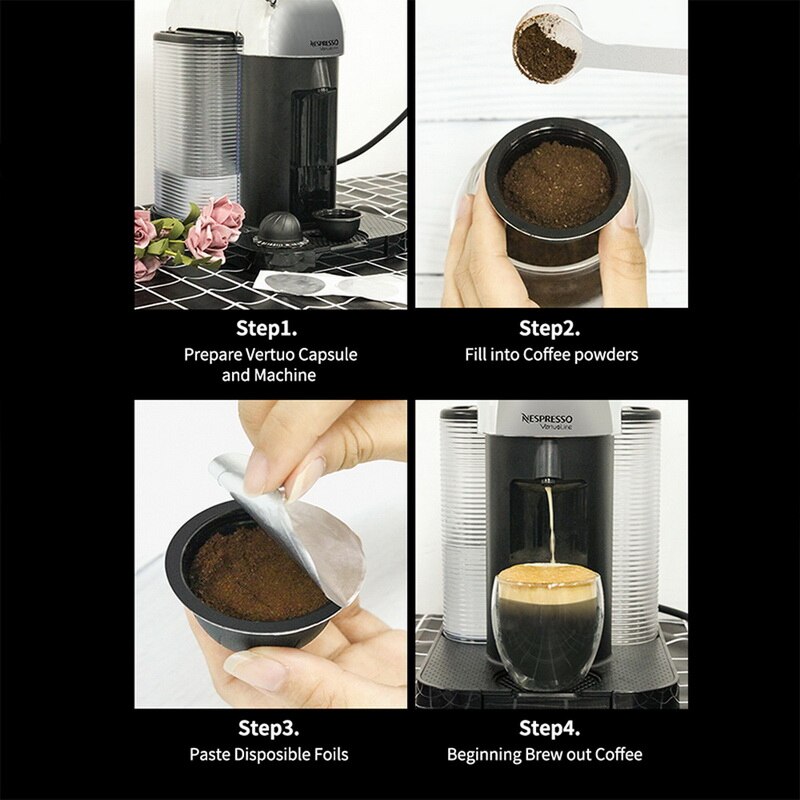 Genanvendelige kaffekapsler, genopfyldelige vertuo bælge i rustfrit stål kompatible med nespresso vertuoline gca 1 og delonghi env 135