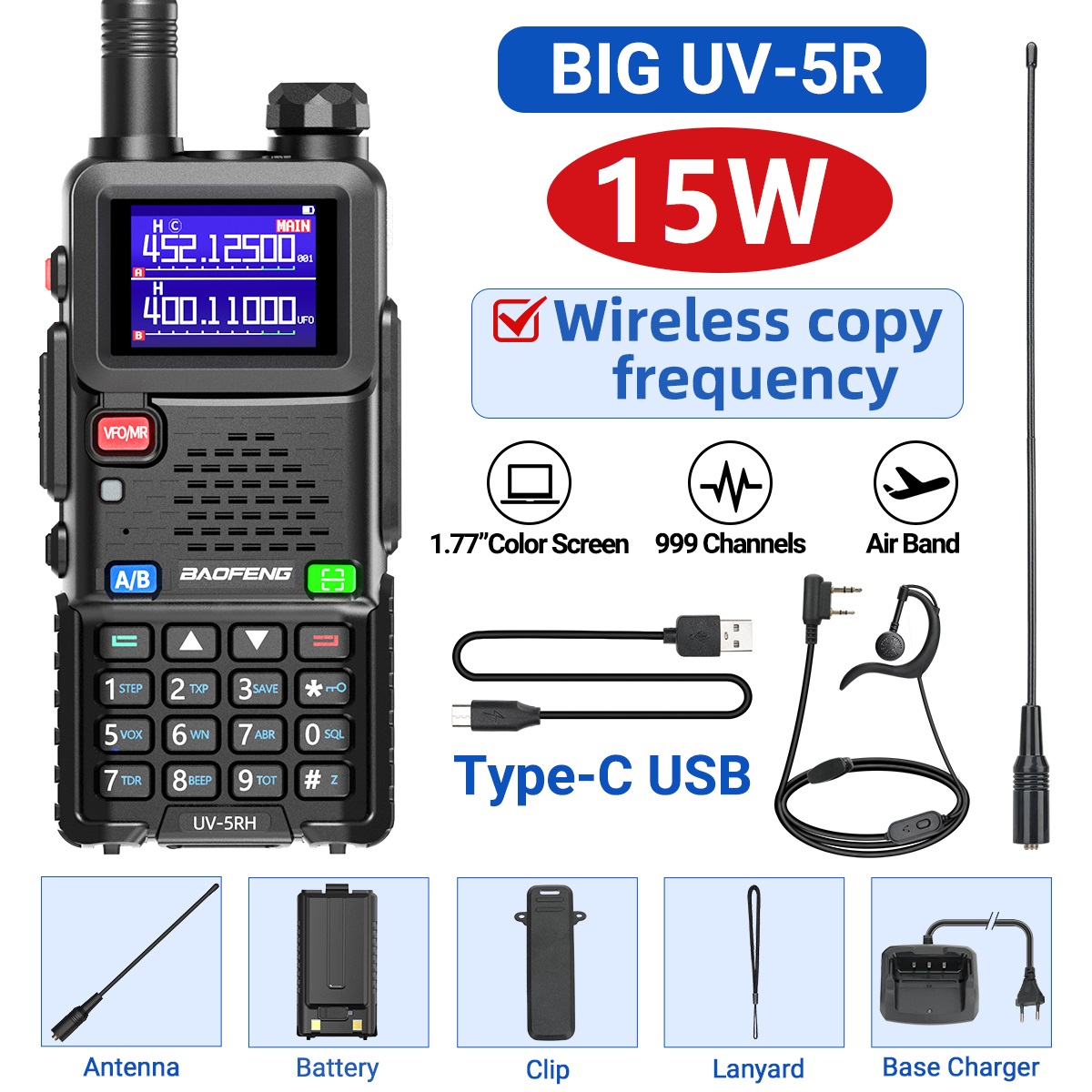 Baofeng UV 5RH 10W Air Band Walkie Talkie Long Range Wirless Copy Frequency Two Way Ham Radio Type-C Baofeng UV 5R Transceiver: black / EU