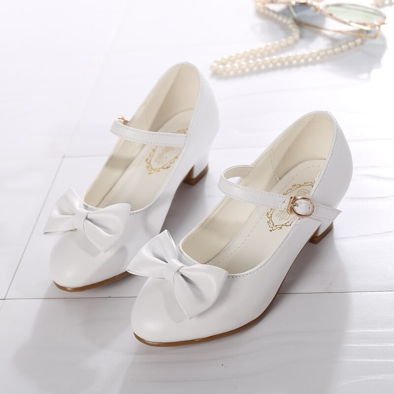 SKHEK Girls Princess Dress Shoes Bowknot Children Princess Sandals High Heels Dancing Kids Shoes size 28~37 Pink White