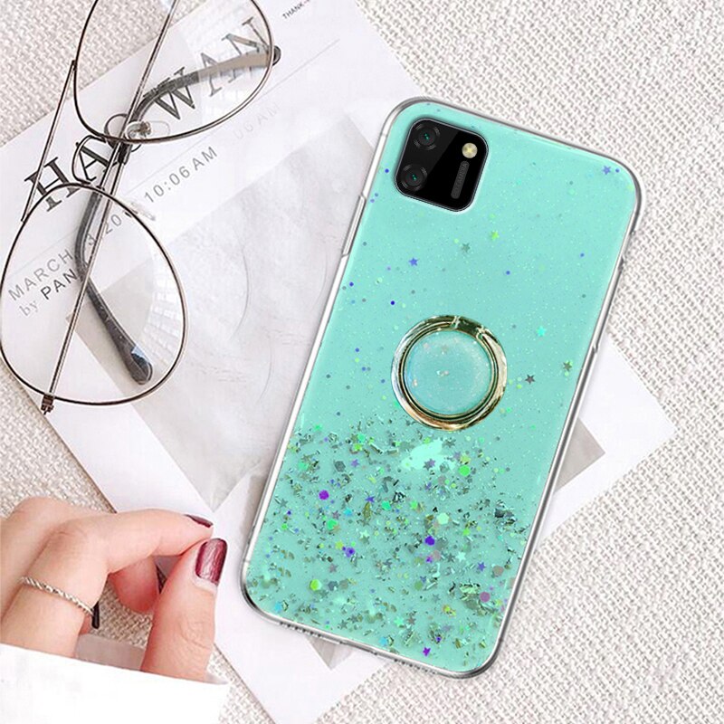 Auroras For Realme C11 Case Glitter Bling Sequins Starry Sky With Ring Shockproof For Realme C11 Cover: Green With Ring