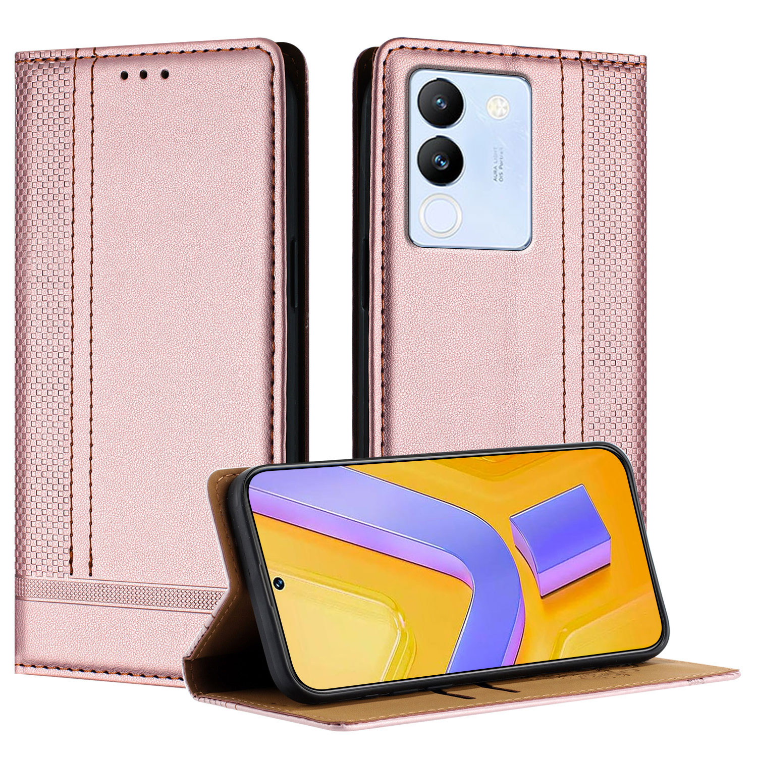 Vivo V30 Lite 5G Funda de cuero con tapa para teléfono, carcasa con billetera para Vivo V30 V30 Pro V30e V30 V40 SE: Aluminio / Rosa