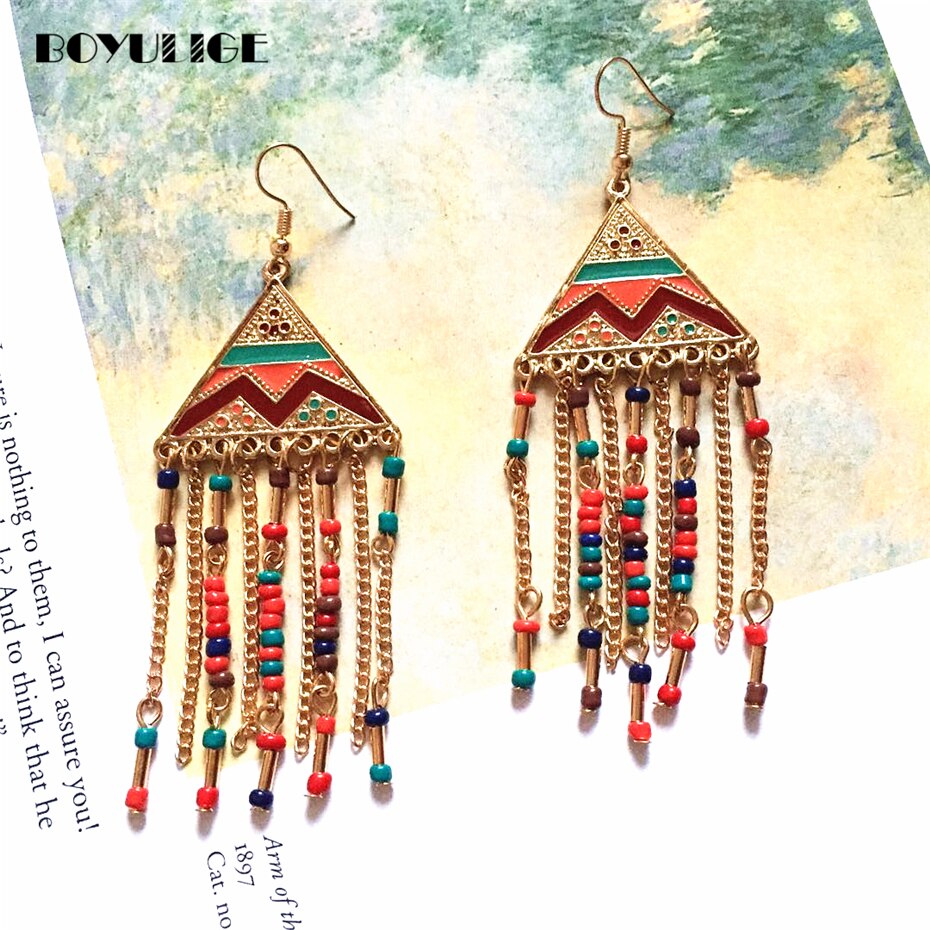 Boyulige Geometrie Driehoek Egyptische Piramide Stijl Kralen Kwastje Etnische Oorbellen Vrouwen Vrouwelijke Dames Vintage Boho Sieraden