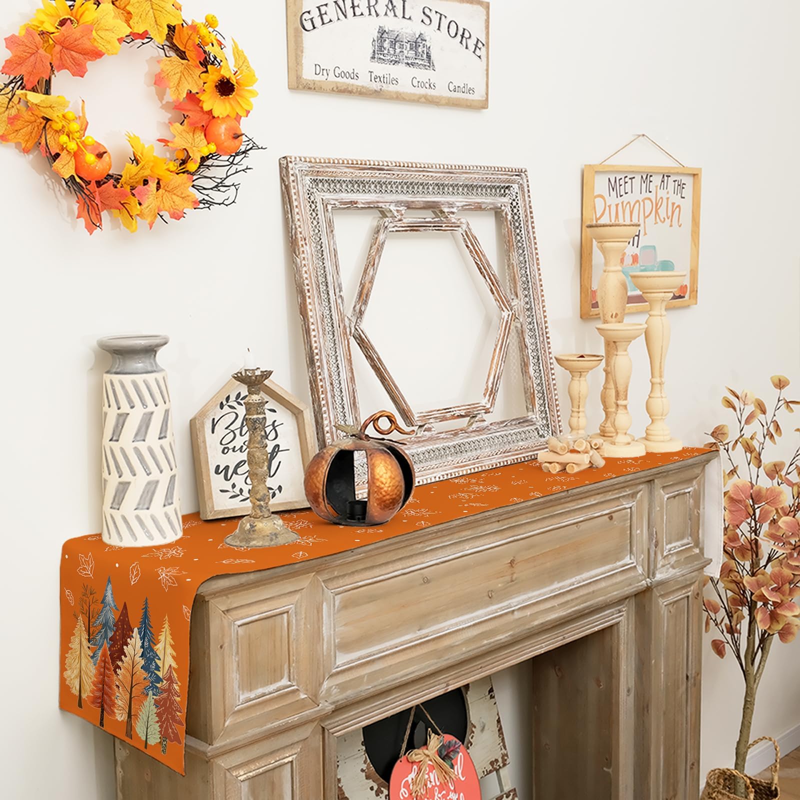 Höst akvarell träd och lönnlöv bordslöpare, rustik bondgård höst thanksgiving dekor för kök matsal fest orange