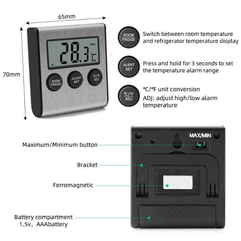 Digital Kitchen Thermometer LCD Display Long Probe for Refrigerator/Freezer/Fridge Thermometer Alarm Timer Measuring Tools