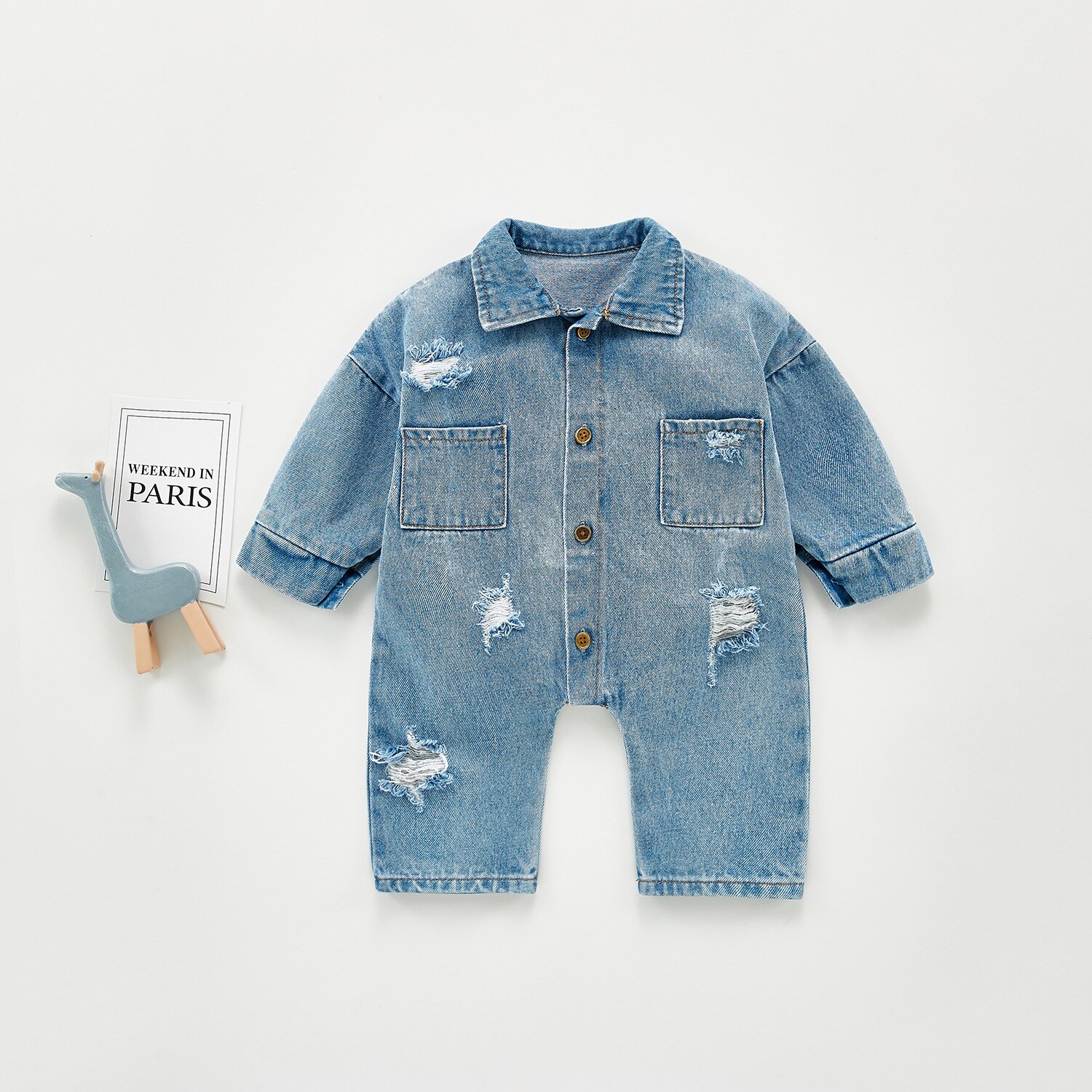 5223 baby herfst denim jumpsuit lange mouwen jongens en meisjes overall gebroken gat een stuk kleding kinderen bovenkleding