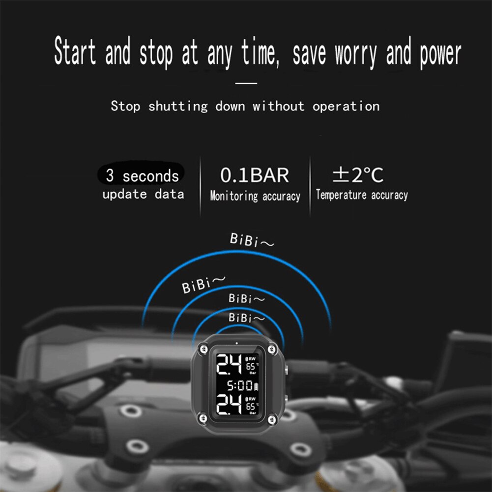Solar Motorcycle TPMS with Time Display IP65 Waterproof Tire Pressure Tyre Temperature Alarm Monitoring System for Motorcycle