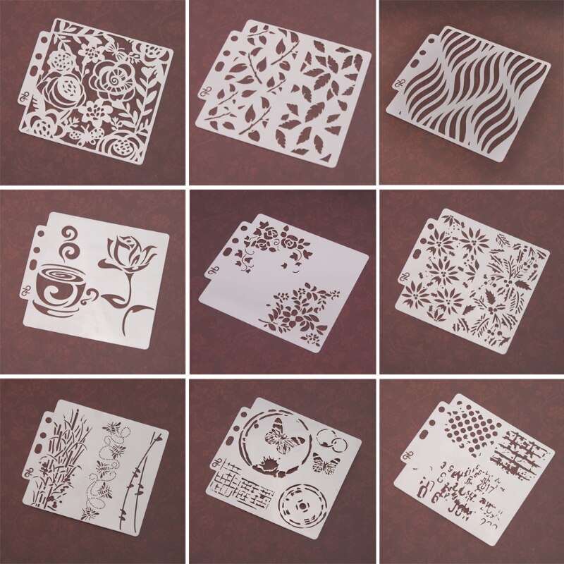 Pochoir de peinture à l&#39;aérographe, 9 pièces, bricolage, murs artisanaux, Art, Scrapbooking, estampage d&#39;album, ornements de maison, carreaux en bois, tissu