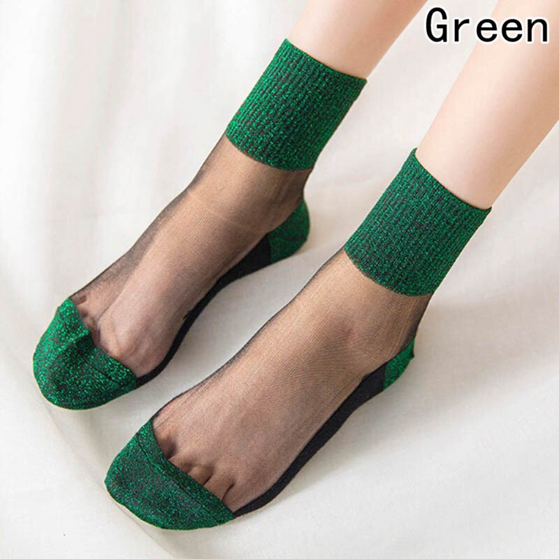 8 Colors Summer Women Ultrathin Transparent Socks Glitter Crystal Glass Silk Meias Beautiful Lace Shiny Elastic Short Socks