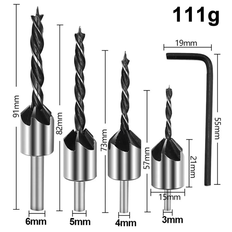 4 Uds. Taladro avellanado de tres puntas para carpintería, taladro escariador de 3-6mm, tornillo biselado, broca perforadora, juego de herramientas