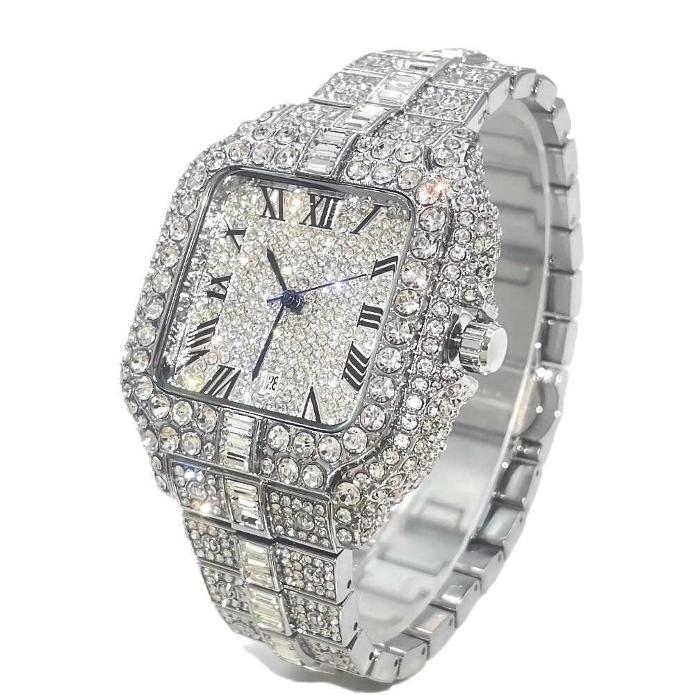 Luksuriøst guldur til mænd i rustfrit stål quartz armbåndsur herre hiphop iced diamant firkantet ur reloj hombre