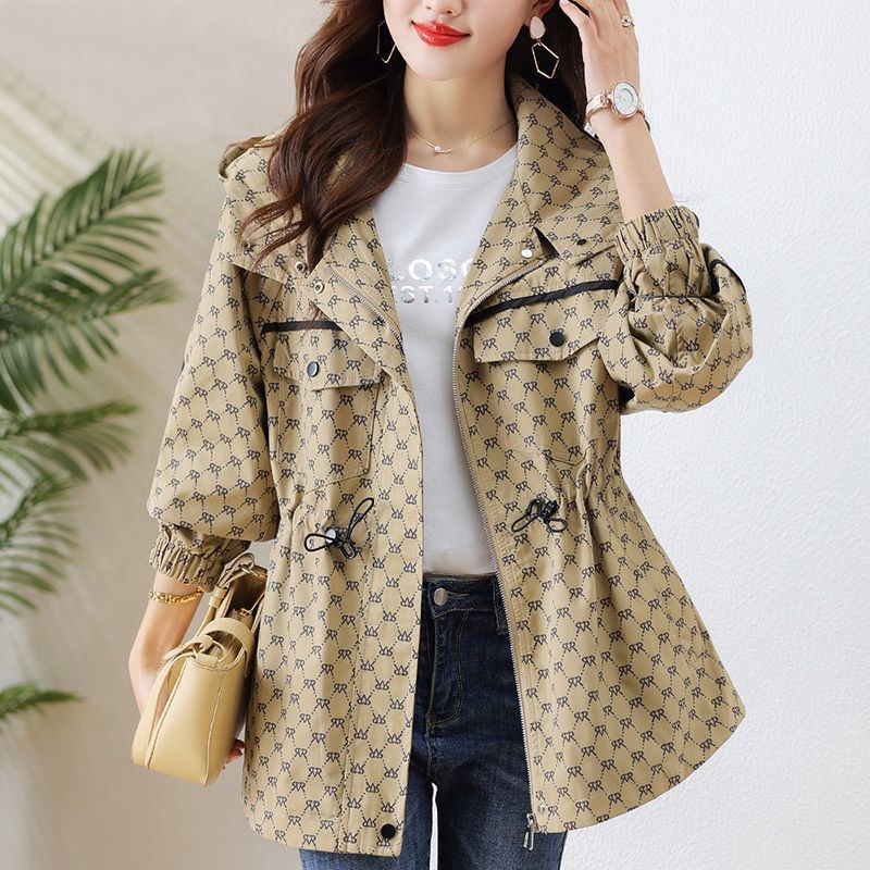 Impressão com capuz gabardina outerwears cordão cintura comprimento médio tamanho grande 4xl solto trench coats coreano casual feminino blusão: XL / Preto