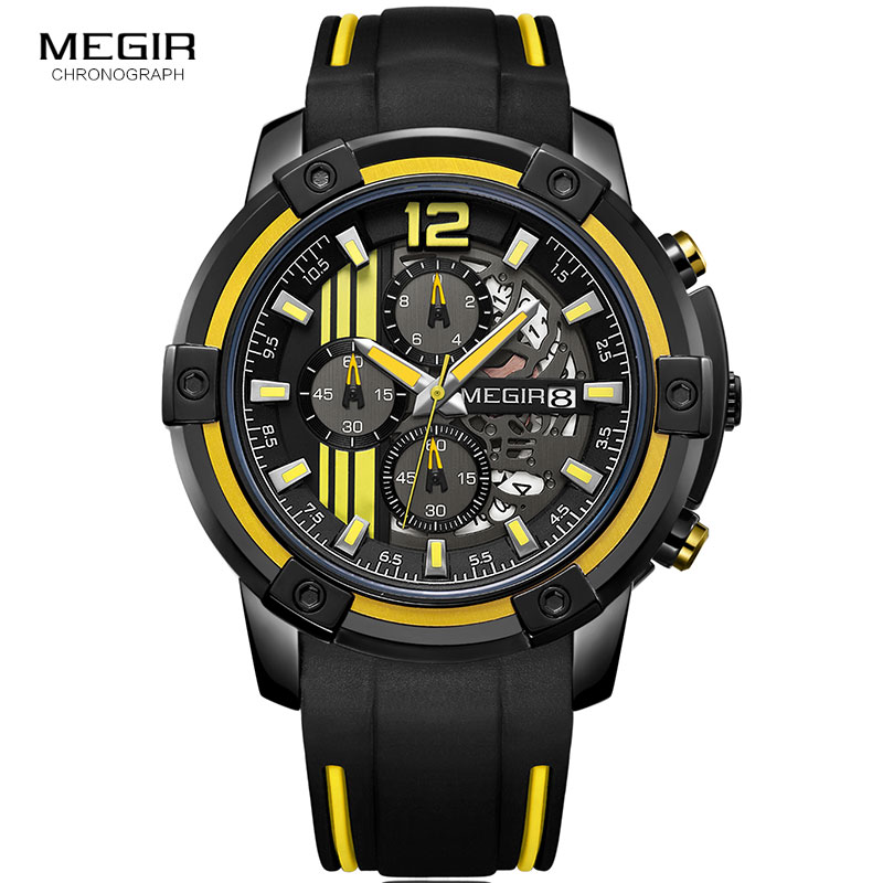 Megir Mannen Zwarte Siliconen Band Quartz Horloges Chronograaf Sport Horloge Voor Man 3atm Waterdichte Lichtgevende Handen 2097 Geel