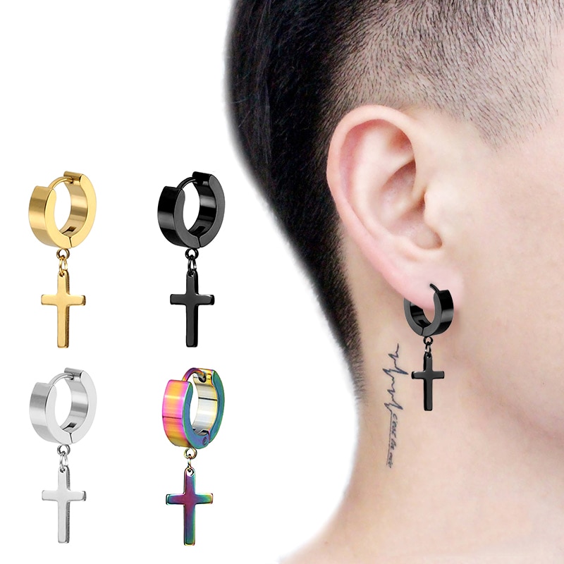 1Pc Punk Oor Stud Cirkel Ronde Cross Huggie Oorbellen Voor Mannen Kleine Kruisbeeld Manchet Oorbellen Rvs Hip Hop mannelijke Pendientes