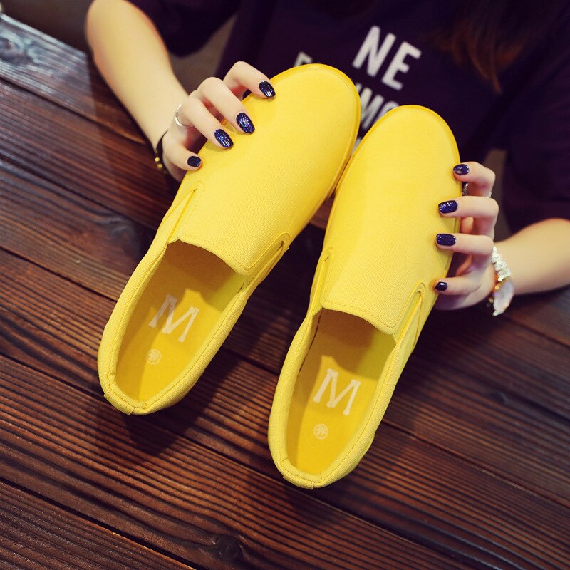Kvinder gule slacker sko dame fritidssko flad sål low-top åndbar lærred sko piger orange sko slip on loafers 35-40