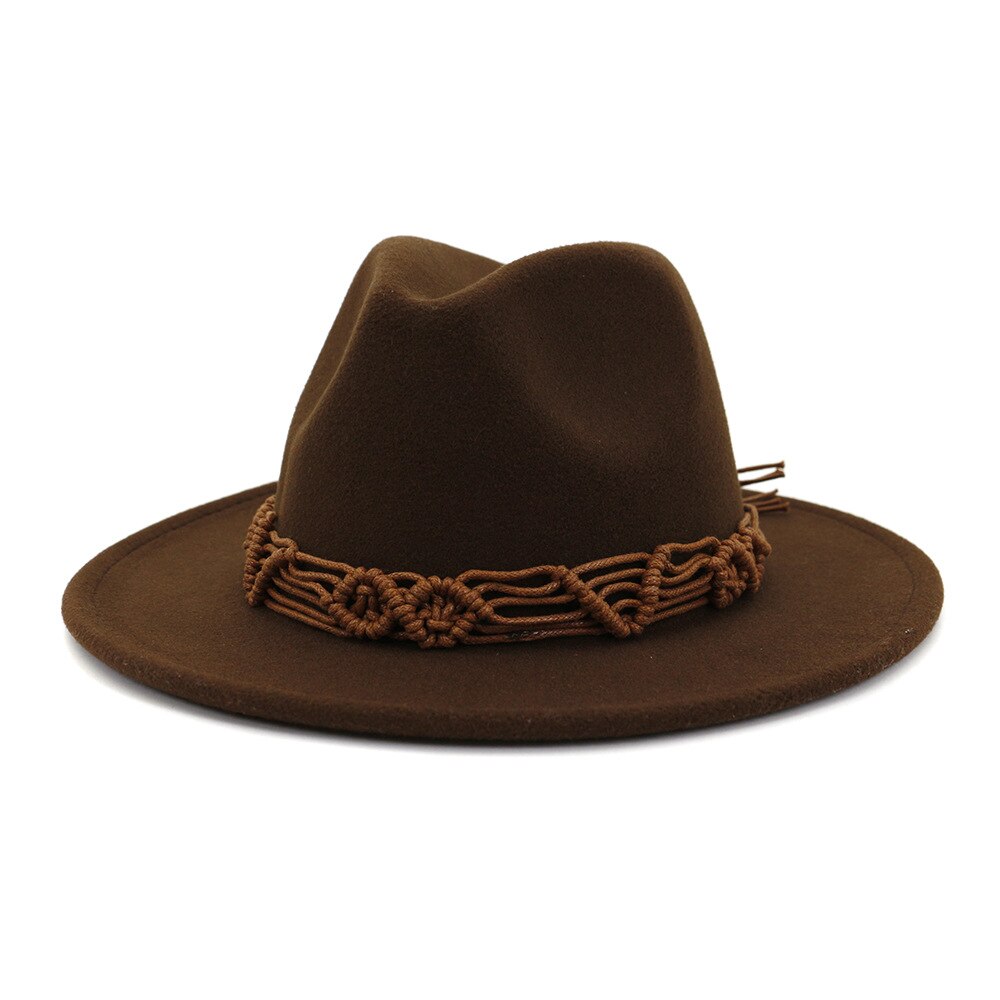 HanXi Women Hat Wool Fedoras Felt Hat Flat Brim Cap Twist Band: coffee