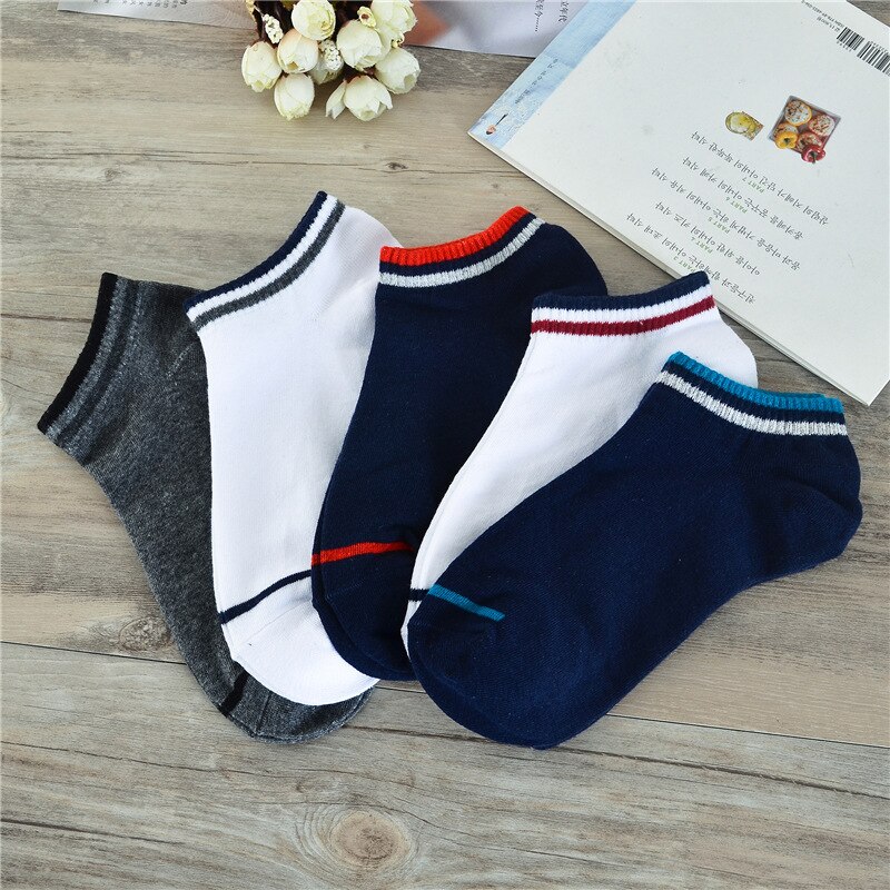 Chaussettes en coton pour hommes, 10 pièces = 5, paires/lot, , , couleur unie, rayures, bateau, décontractées, respirantes, été,