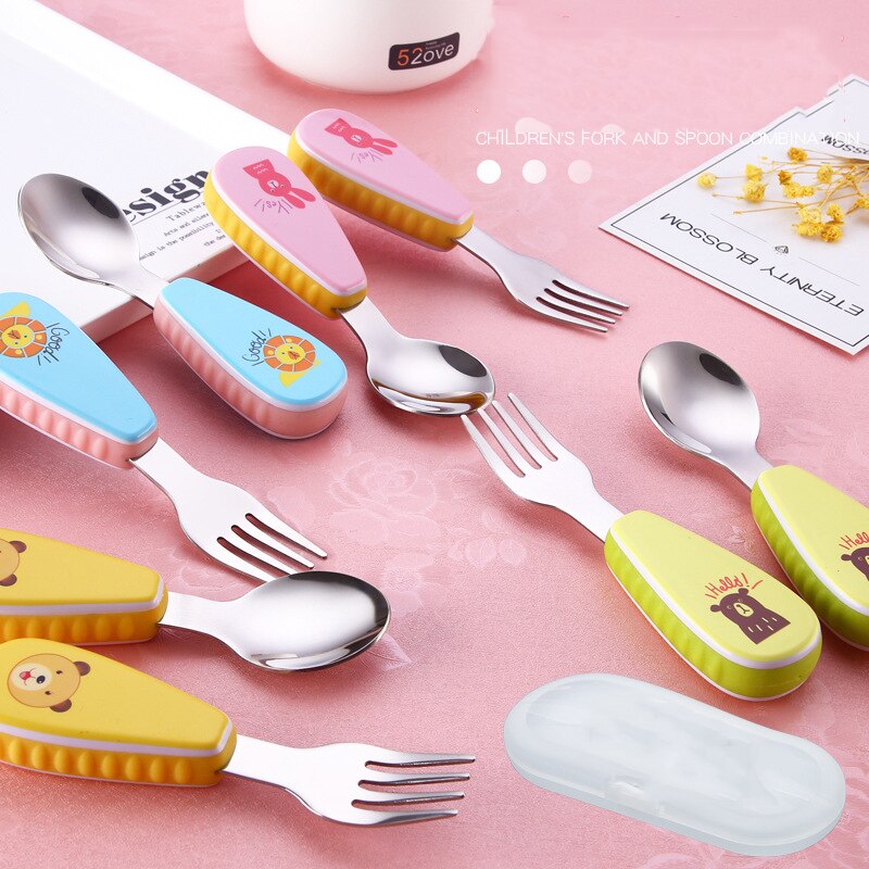 2Pcs/Set Stainless Steel Kids Fork Tableware Cartoon Cutlery Set Children Portable Camping Travel Dinnerware Kitchen Accessories
