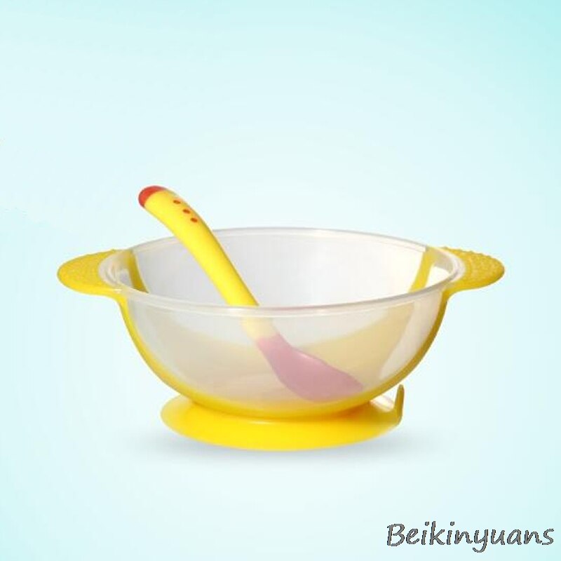 Vajilla con sensor de temperatura para niños, platos de aprendizaje para bebés, bandeja con bol y ventosa: yellow