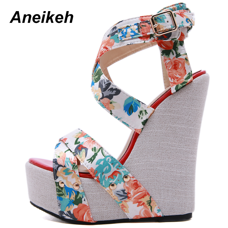Aneikeh Vrouwen Wiggen Sandalen Zomer Platform Sandalen Hoge Hakken Schoenen Enkelbandje Print Schoeisel Dames Sandalen Pompen