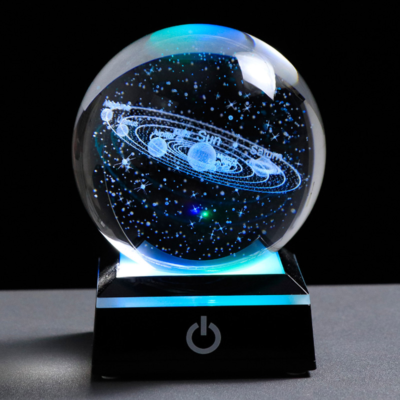 3D Moon Model Crystal Ball Astronomy Sphere Decorative Ball Planets Glass Ball Sphere Decorative Miniature Model Ball: 8cm / S With Led Base
