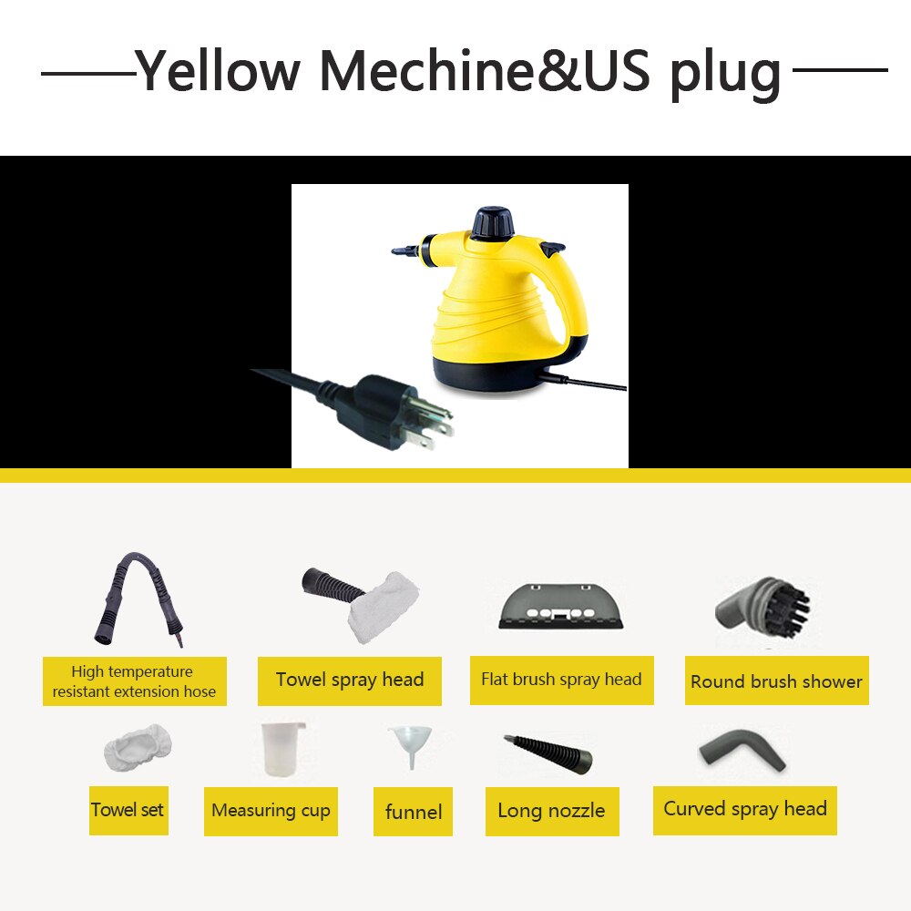Handheld Steam Cleaner Multi-Purpose Pressurized Portable Steamer with 9-Piece Accessory Set for Bathroom Kitchen Surfaces Car: Yellow With US Plug / 220V-230V