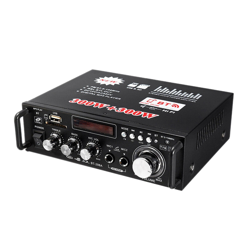 600W Bluetooth Stereo Audio Amplifier Car Home HiFi Music SD USB FM AMP 12V/220V US Plug