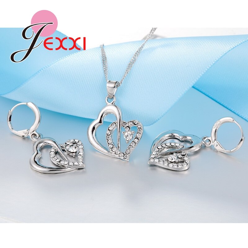 Conjunto de joyas de plata esterlina 925 bonito amor doble cruz y corazón bonito de mujer con circonita cúbica brillante para mujer