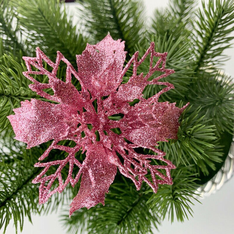 10 Pcs Christmas Poinsettia Glitter Flower Hollow Tree Hanging Decoration for Home Party DC120