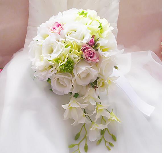 white Buque De Noiva Wedding BouquetsWater shaped bride holding flower waterfall hand flower wedding: 01