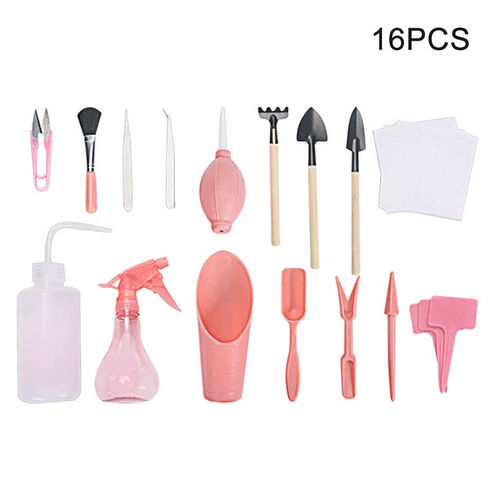 12 pièces 16 pièces bonsaï creuser arrosage maison bricolage outil semis Succulent plantation semis élagage en plastique Mini jardin planteur Kit: Pink 16pcs